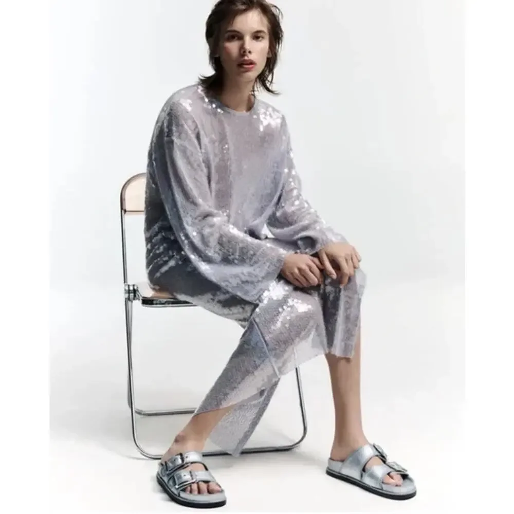 Zara Metallic Light Blue Double Buckle Slide Sandals - Picture 3 of 8